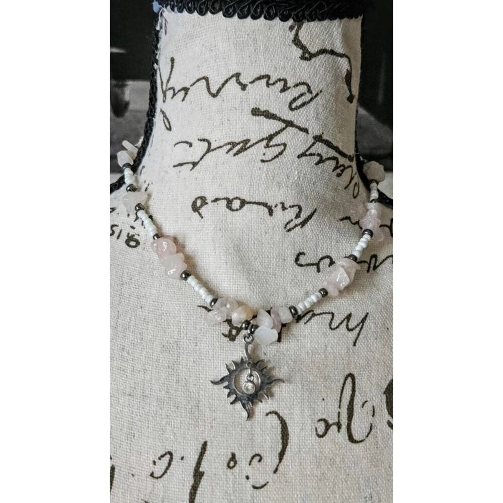 Rose Quartz Sun Burst Necklace | Hematite | Rhinestone | Beads